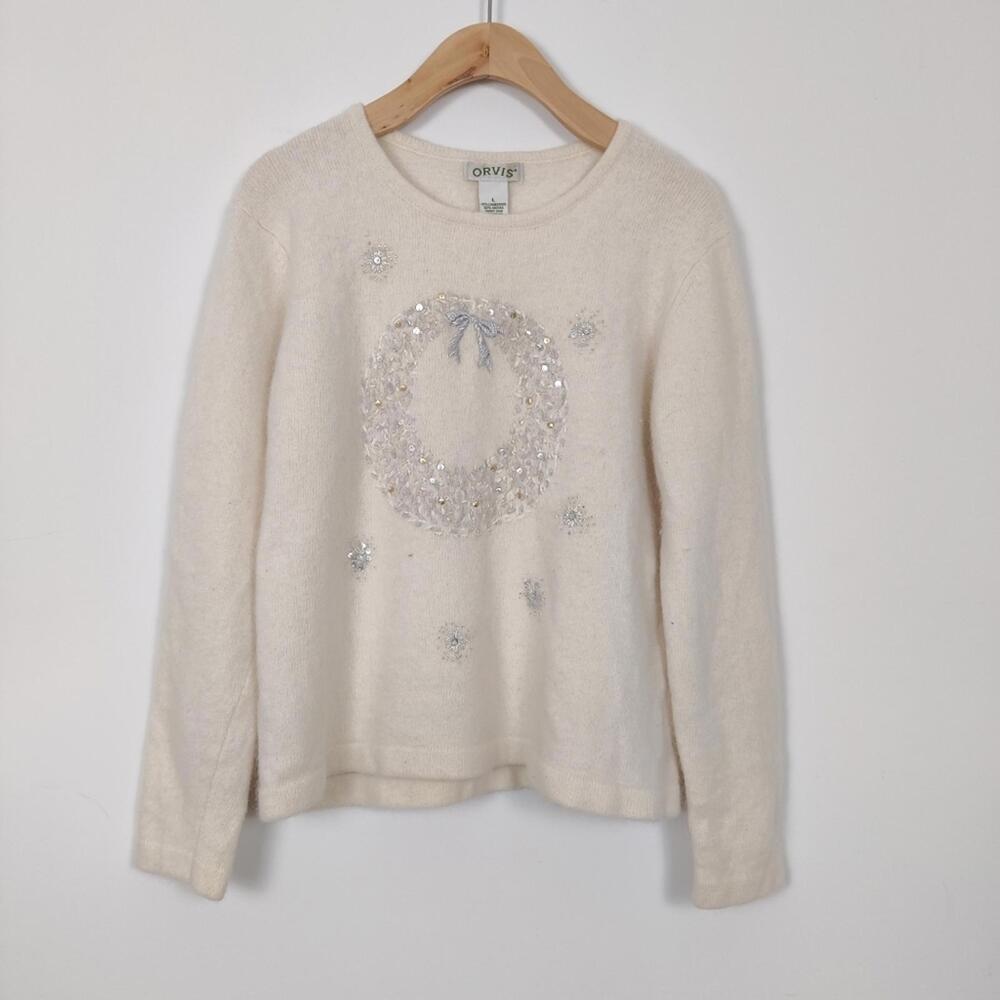 Orvis Ivory Wool & Angora Christmas Wreath Snowflake Sweater Holidays Lambswool